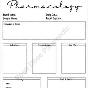 May include: A white pharmacology study sheet with the word "Pharmacology" in cursive at the top. The sheet includes sections for drug information, indications, contraindications, side effects, dosages, and routes of administration.