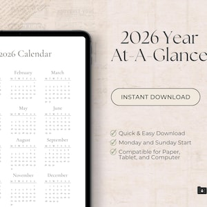 2026 Year at a Glance Calendar Printable | Minimalist Yearly Overview Planner Page | Aesthetic Calendar PDF | Instant Download | Elegant