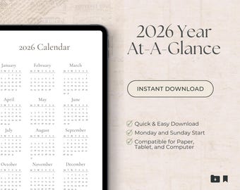 2026 Year At-A-Glance Calendar Printable | Minimalist Design (Digital Download)