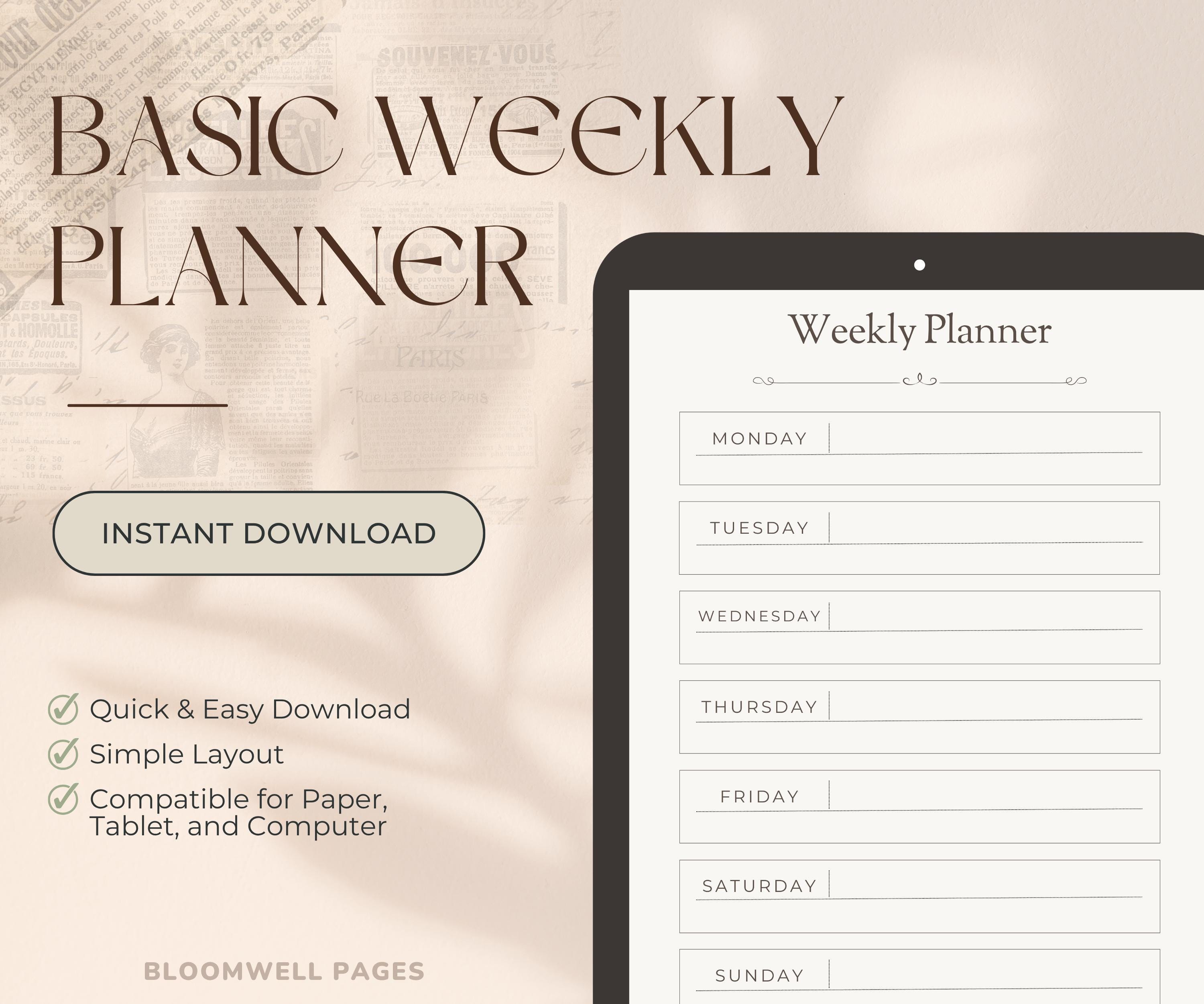 Minimalist Weekly Planner Printable | Undated Elegant Weekly Spread ...