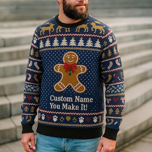 Custom Name Ugly Christmas Knit Sweater, Gingerbread Holiday Pullover, Funny Unisex Christmas Sweater for Men & Women