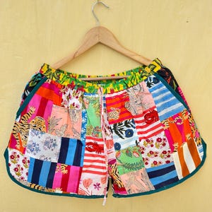 Patchwork Boho Kurze Shorts Highrise Kordelzug an der Taille