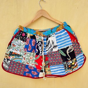 Patchwork Boho Kurze Shorts Highrise Kordelzug an der Taille