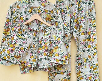 Hand Block Print Cotton Pajama Set, Long Sleeve PJs