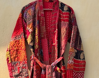 Recycled Sari Silk Kantha Kimono Robe: Handmade Patchwork Boho Loungewear