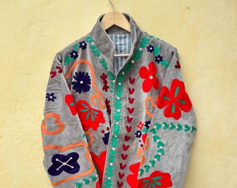 Velvet Suzani coat | Blue Boho Coat | Handmade floral Jacket | Artisan Made Outerwear | Unique blazer