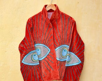 Boho Eye Embroidery Velvet Jacket, Handmade Bohemian Kimono Coat, Artistic Eye Design Outerwear, Statement