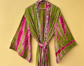 Tyi Dye Silk Kimono Robe, Bell Sleeves, Indian Sari, Beach Gown ,bridal getting ready robe,