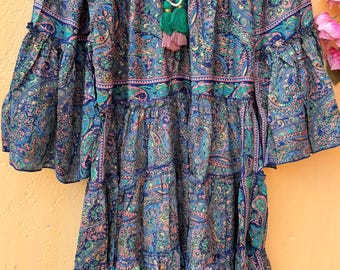 Handmade Tie Dye Kaftan Dress, Boho Festival Tunic, Bell Sleeve Cover Up