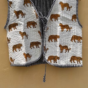 Tiger Print Cotton Quilted Vest: Boho Tie Front Jacket