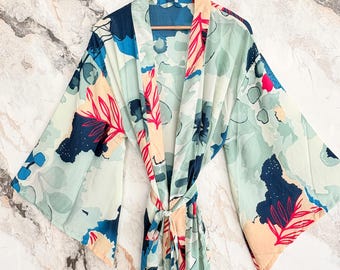 Bell sleeve silk kimono, bridal getting ready robe, elegant wrap