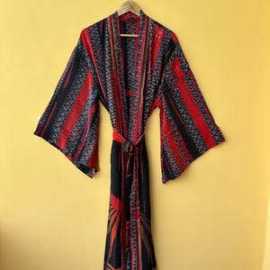 Bell Sleeves Sari Silk Kimono Robe, Floral Patchwork, Indian Summer Wear