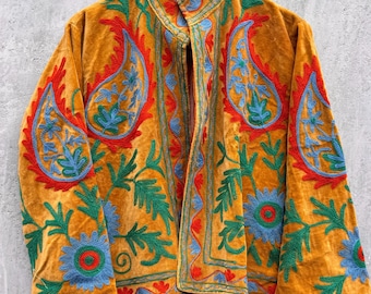Suzani Embroidery Handmade Jacket, Velvet Suzani Jacket, Winter Wear Jacket Coat, Womens Coat, TNT Fabric Suzani Jacket, Robe, Gift For Her,