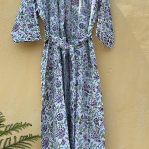Floral Block Print Cotton Kimono Robe: Boho Loungewear