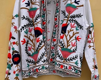 Suzani Embroidered Cotton Boho Jacket: Colorful Spring Coat