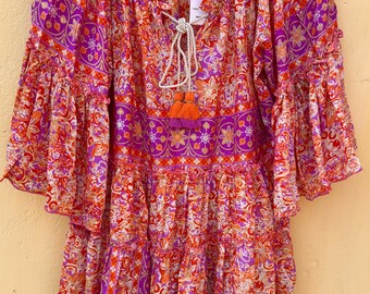 Handmade Tie Dye Kaftan Dress, Boho Festival Tunic, Bell Sleeve