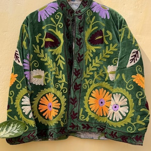 Velvet Embroidered Suzani Bomber Jacket: Handmade Floral Streetwear