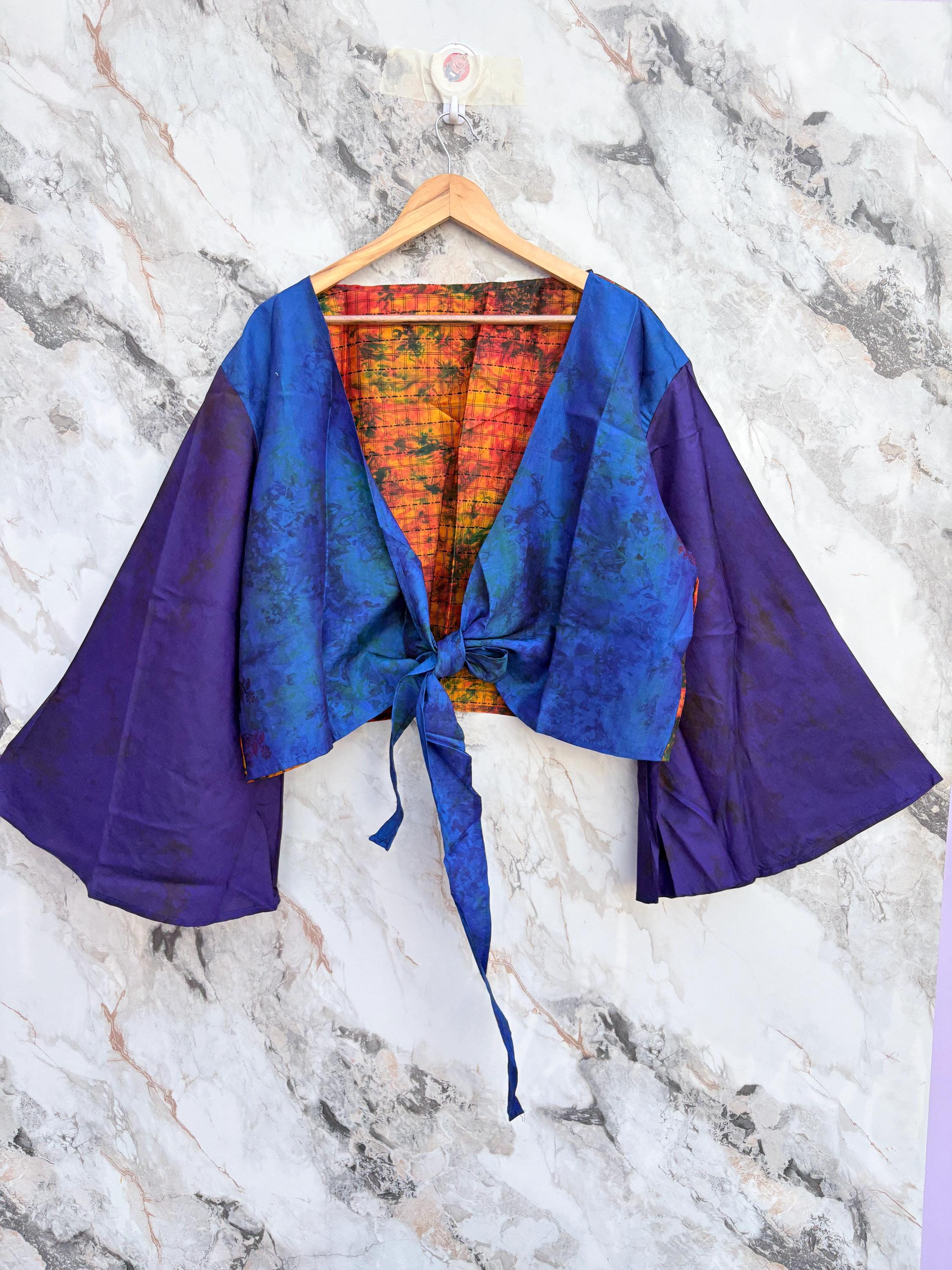 Blue Soft 100% Silk Crop Top, Boho Tie Dye Paisley Print Elegance