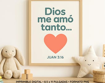 Dios me amó tanto Juan 3:16 | Póster Cristiano Niños Printable | Arte Biblico Español | Decoracion Kindil | Sofort Download