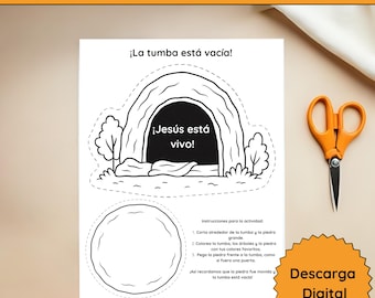 Aktivitad Cristiana INfantil | Para Imprimir La Tumba Vacia | Manualidad Biblica Colorear y Recortar | Jesús Está Vivo Pascua Niños