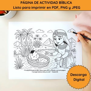 May include: Black and white line art of a biblical scene, featuring a woman and a baby in a basket. The image includes palm trees, pyramids, and text in Spanish. The words "Descarga Digital" are also present.