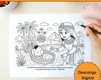Moisés en el río Nilo | Página para colorear biblica kindil | Actividad cristiana imprimible | Historia de Moises | ARCHIVO DIGITAL