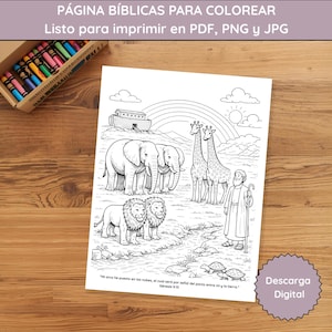 May include: Black and white coloring page featuring biblical scenes with animals, including elephants, giraffes, and lions, with a rainbow and Noah's Ark. The text at the top says "Biblical Coloring Pages" and "Ready to print in PDF, PNG and JPG."