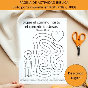 May include: A black and white activity page with the text "Sigue el camino hasta el corazón de Jesús" and a maze leading to a heart. The page includes a small illustration of a child and the text "Descarga Digital". Orange scissors are on the right.