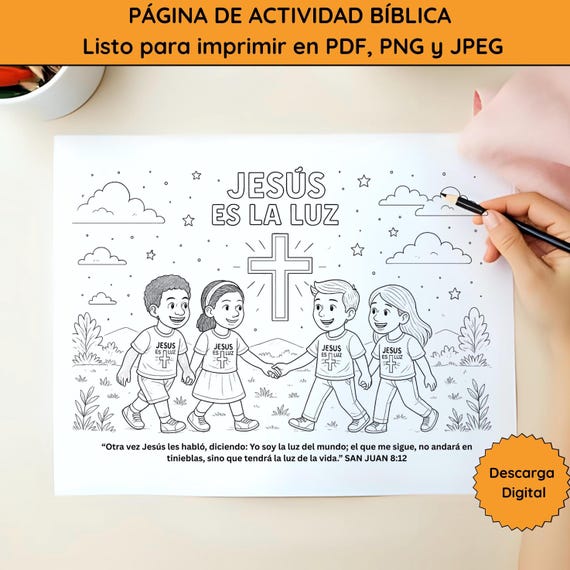 Página para colorear Jesús es la luz | actividad bíblica infantil Juan 8:12 | imprimible cristiano pdf, png y jpg | ARCHIVO DIGITAL