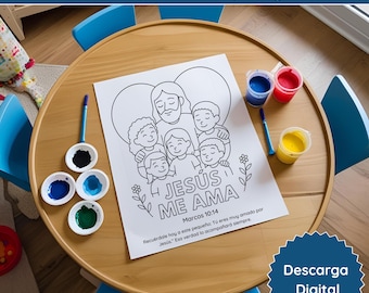 Jesús me ama Marcos 10:14 / Página bíblica para colorear niños / Actividad cristiana de fe / PDF PNG JPEG / Descarga digital infantil
