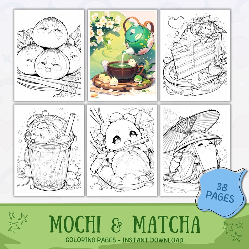 Matcha Color Pages Kawaii Mochi & Matcha Time – Printable Coloring Book (30+ Pages) - Etsy