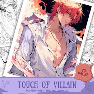 May include: A stack of coloring pages featuring a digital illustration of a male character with red hair and a partially unbuttoned white shirt. The text "TOUCH OF VILLAIN" is displayed at the bottom, with "COLORING PAGES - INSTANT DOWNLOAD" below it. A small sticker reads "20 PAGES".