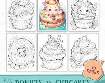 Libro da colorare di ciambelle e cupcake kawaii / Pagine da colorare di dolci carini / Cibo kawaii stampabile / Libro da colorare per bambini e adulti