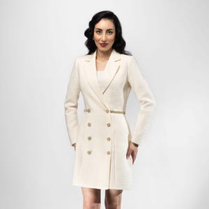 Cream Tweed Blazer Dress with gold belt and gold button