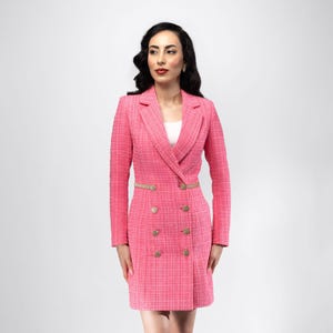 Pink Tweed Blazer Dress with gold belt and gold button