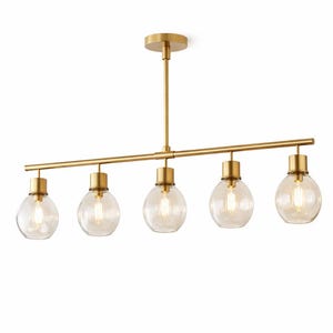 May include: A modern brass kitchen island pendant light. The fixture features five clear glass globe shades with visible bulbs, suspended from a horizontal bar. The light is designed for a kitchen island.