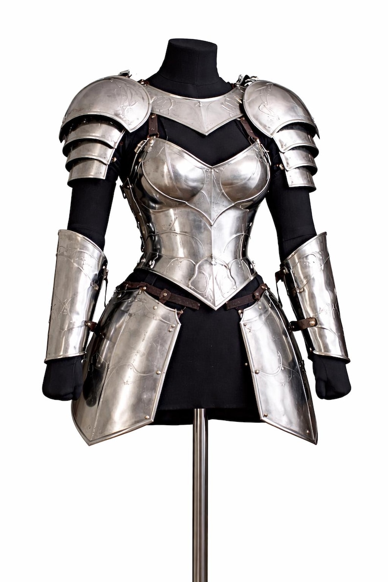 close up polished steel armor breastplate women knight costume