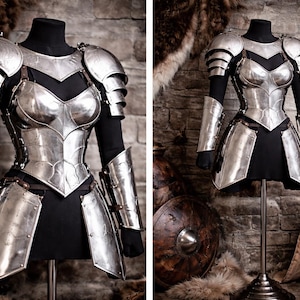 female warrior wearing medieval armor cosplay forest castle background