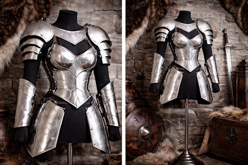 female warrior wearing medieval armor cosplay forest castle background