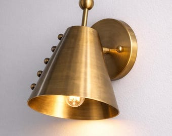 Handmade Solid Brass Cone Wall Light, Mid Century Modern Bedside Lamp, Minimal Fixture