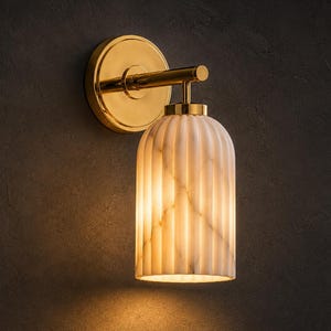 Modern Fluted Alabaster Wall Sconce Single or Set of 2 - Sleek Brass Linear Pendant Light - Ribbed Stone Cylinder Lamp for Bathroom Vanity