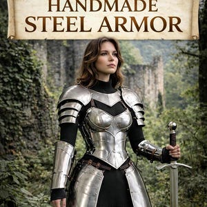 female warrior wearing medieval armor cosplay forest castle background