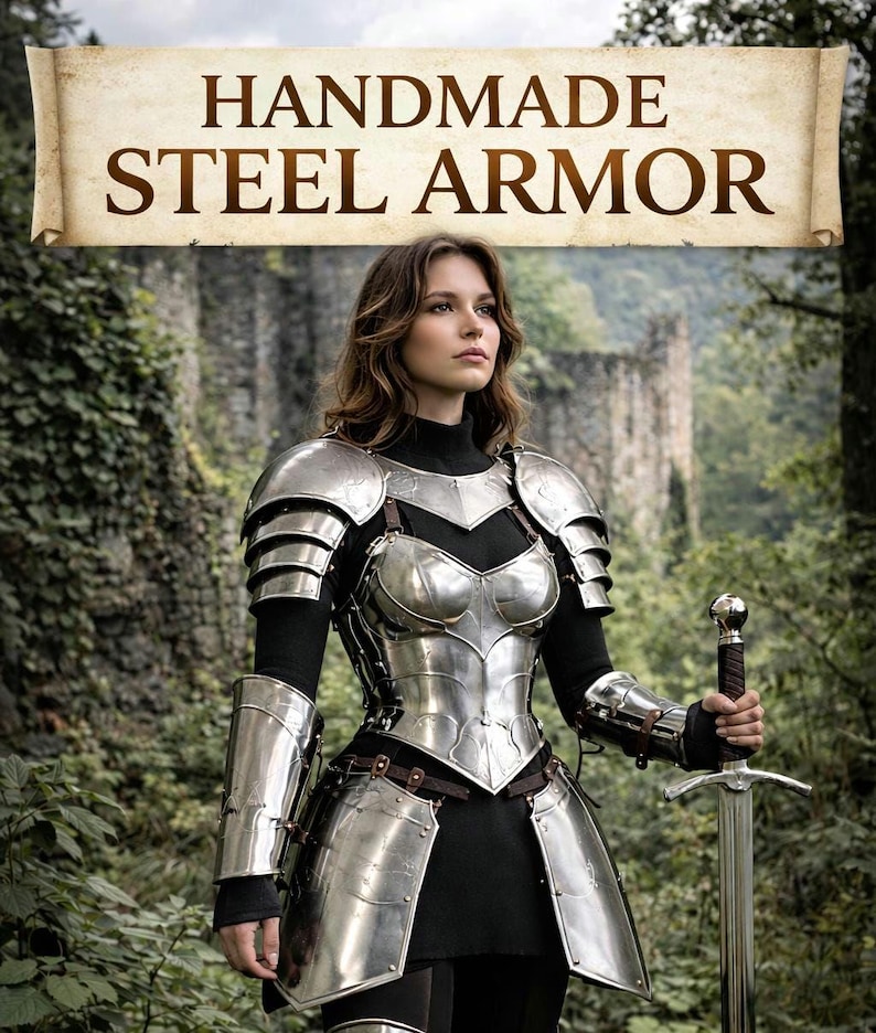 female warrior wearing medieval armor cosplay forest castle background