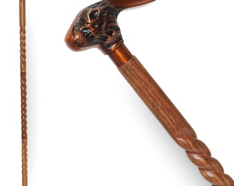 Bâton de marche en bois brun fait main : canne en poignée de lapin sculptée