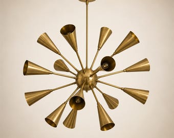 48 Inch Stilnovo Style Starburst Sputnik Chandelier | Mid Century Modern Antique Patina Brass Ceiling Light | Handmade Solid Brass Fixture