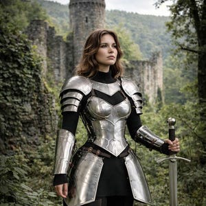 medieval armor detail engraving steel costume female knight