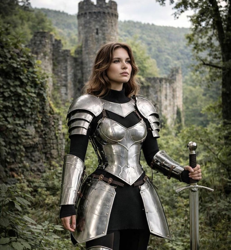 medieval armor detail engraving steel costume female knight