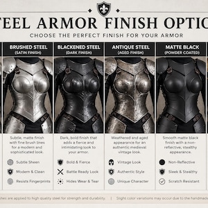 May include: Image detailing steel armour finish options. Finishes include polished, brushed, blackened, antique, matte black, and antique brass. Each armour style is shown on a mannequin, with descriptions of each finish's characteristics..