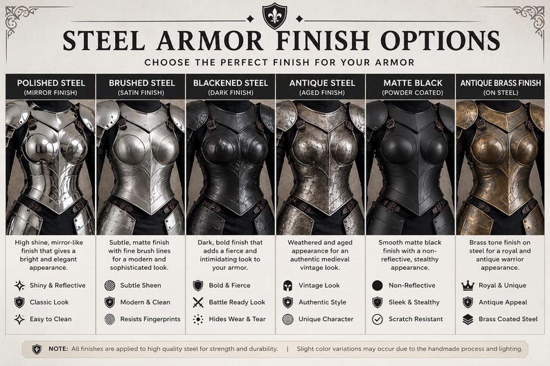 May include: Image detailing steel armour finish options. Finishes include polished, brushed, blackened, antique, matte black, and antique brass. Each armour style is shown on a mannequin, with descriptions of each finish's characteristics..