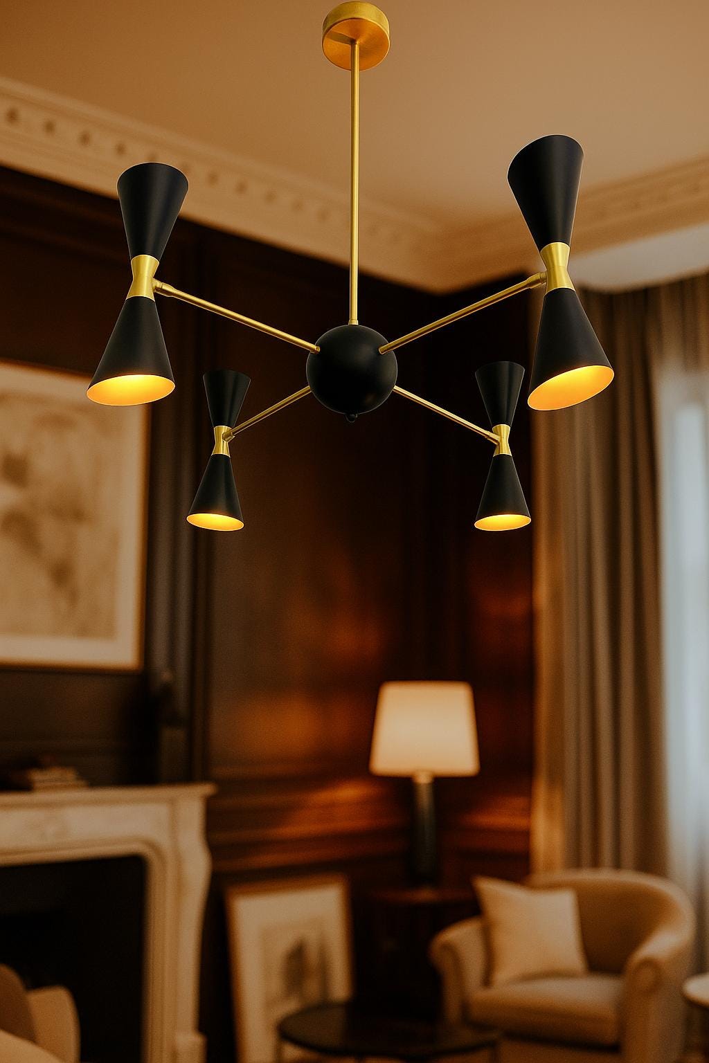 Modern 4-Light Black & Brass Chandeli...
